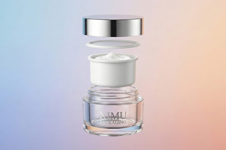 Technical exploded view of a double-wall cream jar showing inner cup, sealing disc, and outer shell components designed for formula protection.