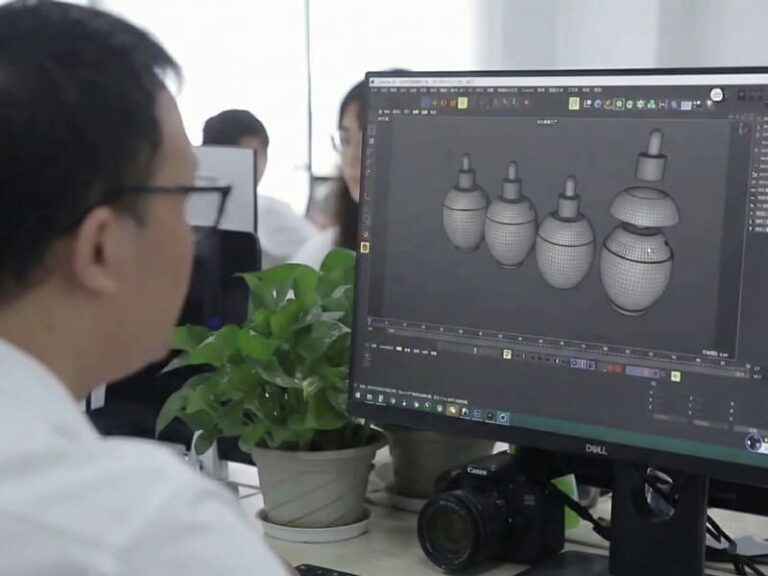 Engineer developing 3D prototypes and digital renderings for custom skincare bottle and jar designs.
