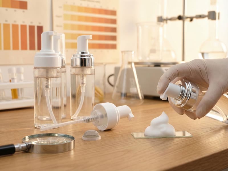 A laboratory technician tests Advanced Foaming Technology by dispensing rich, propellant-free foam onto a glass slide. The scene includes precision foaming pumps, disassembled components showing the high-density micro-mesh filter, a magnifying glass, and calibration charts used for ensuring precise air-to-liquid ratios and luxurious mousse density.