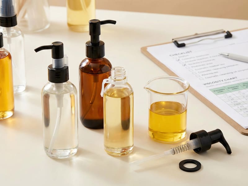 A laboratory setup demonstrating High-Performance Cleansing Oil Pumps. The image features various cosmetic oil bottles equipped with dual-locking safety mechanisms (lock-down heads and reinforced clips) for leak-proof protection. A beaker of oil, a viscosity chart clipboard, and a disassembled pump showing formula-compatible gaskets and adjustable springs for viscosity calibration are also visible.