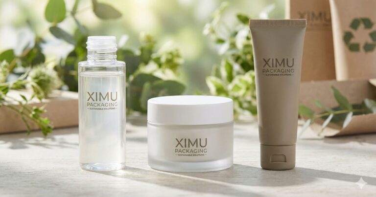 High-end PCR cosmetic packaging collection by XIMU featuring a transparent PET bottle, a frosted PP jar, and a matte cosmetic tube for sustainable beauty brands.