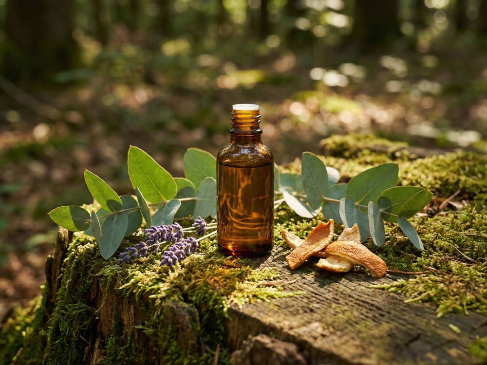 An amber glass essential oil bottle placed on a mossy log surrounded by fresh lavender and eucalyptus, highlighting XIMU’s eco-friendly materials and sustainable botanical preservation solutions.
