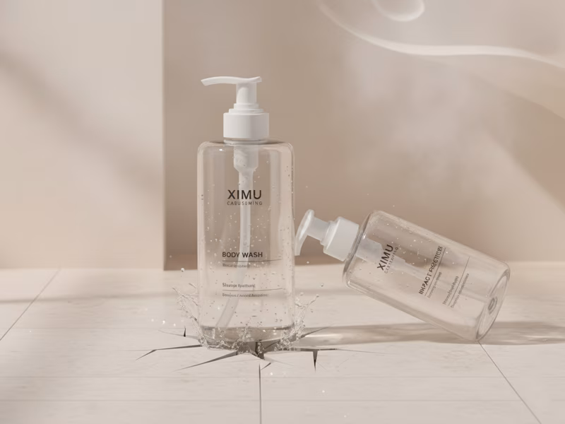 A clear, heavy-wall XIMU PETG lotion bottle sitting on a wet tiled shelf within a steamy shower environment with water splashing around it. The image illustrates the shatter-proof, bathroom-safe durability of the glass-like polymer construction.