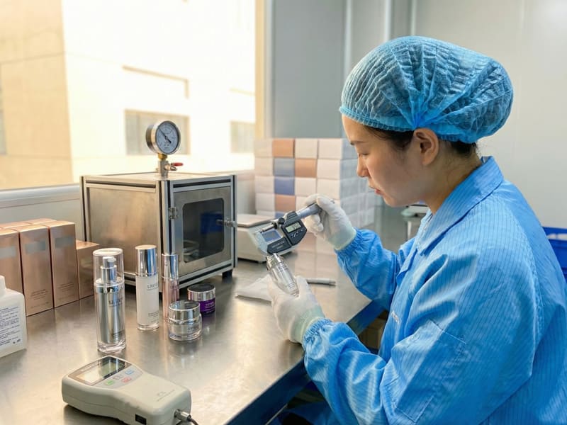 A professional quality control laboratory at XIMU Packaging featuring a technician using a micrometer for precision measurement of facial care bottles. The scene includes vacuum leak testing equipment, various cosmetic containers, and industrial gauges under warm lighting, illustrating engineering excellence and quality assurance.