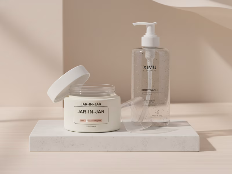 A demonstration of the XIMU sustainable "Jar-in-Jar" refillable system, showing a replaceable white inner pod resting on top of a clear, reusable luxury outer jar, set against a background of natural dried flowers.