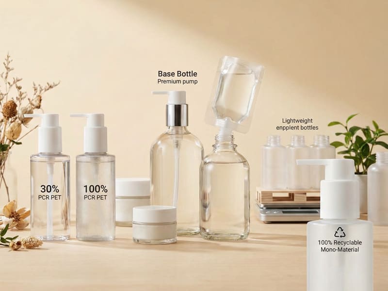 A showcase of XIMU PACKAGING's eco-conscious "Green Clean" solutions on a warm beige background. Featured items include a "100% PCR PET" bottle, a large frosted refillable "Base Bottle," a flexible refill pouch, and a close-up inset detailing an innovative mono-material "All-plastic pump."